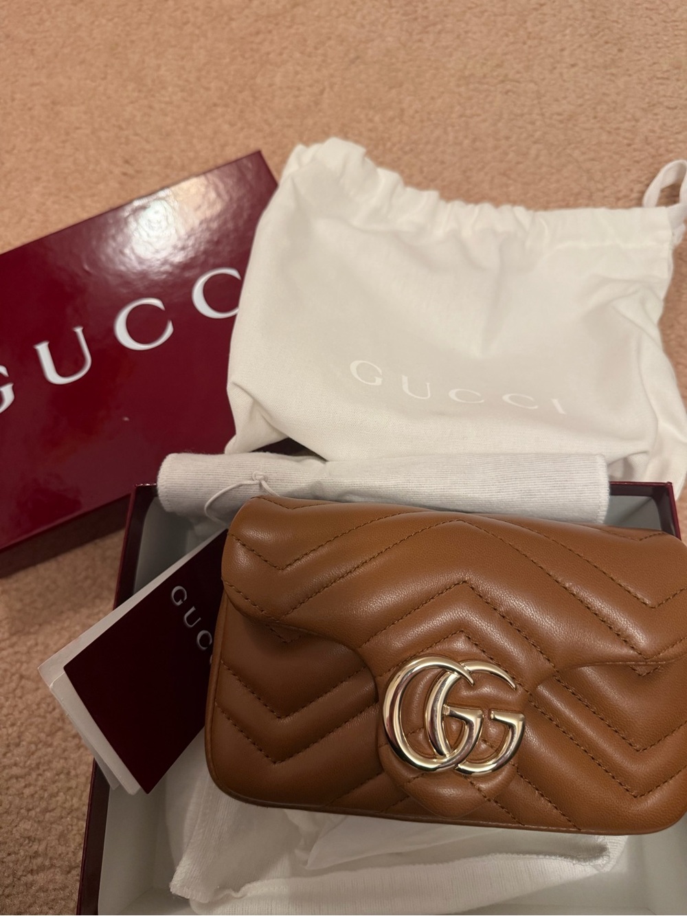 Gucci Small Matelassé Mini Shoulder Bag in Tan with Gold Hardware